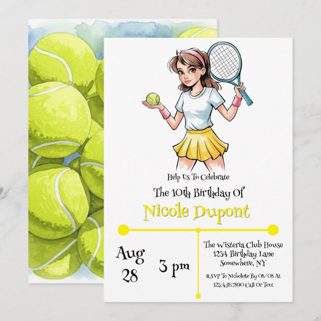 Invitación Celebración del Chica de la bola de tenis de cumpl (Anverso / Reverso)