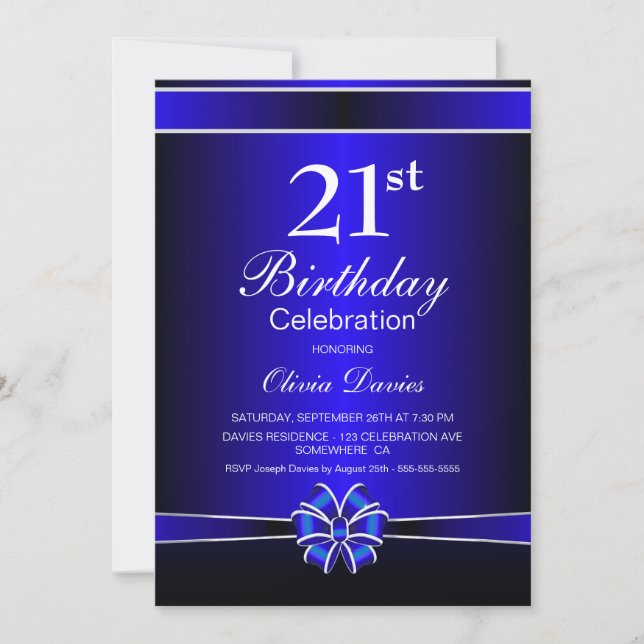 Invitación Celebración del cumpleaños 21 negro y azul (Anverso)