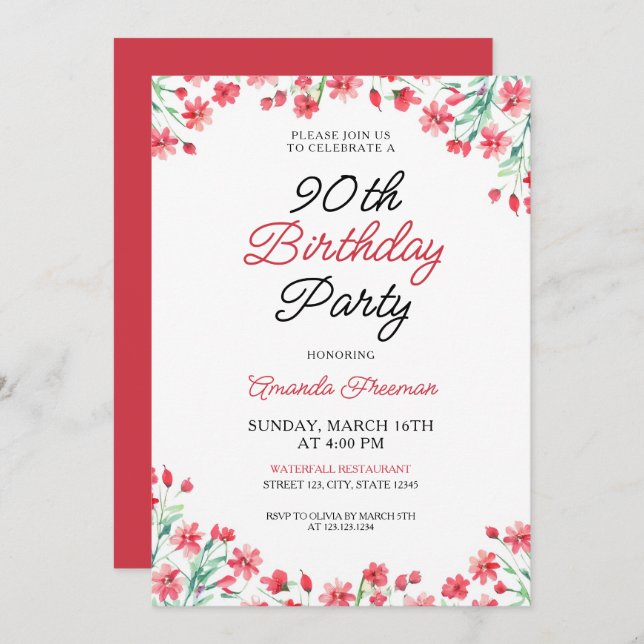 Invitación Celebración del cumpleaños 90 de Red Floral (Anverso / Reverso)