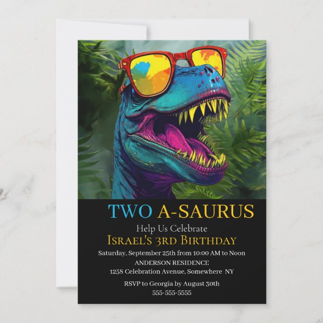 Invitación Celebración del cumpleaños azul de Dinosaur (Anverso)