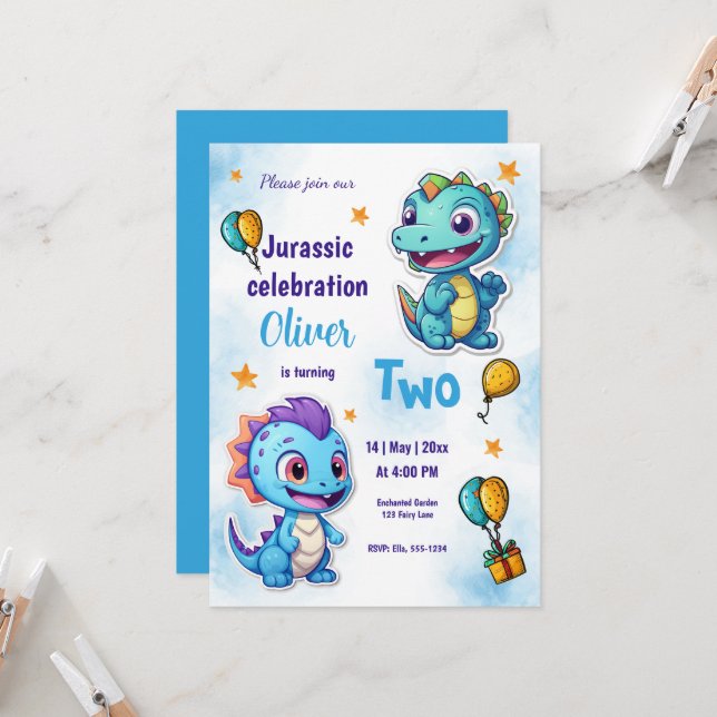 Invitación Celebración del cumpleaños azul de los dinosaurios (Anverso/Reverso In Situ)