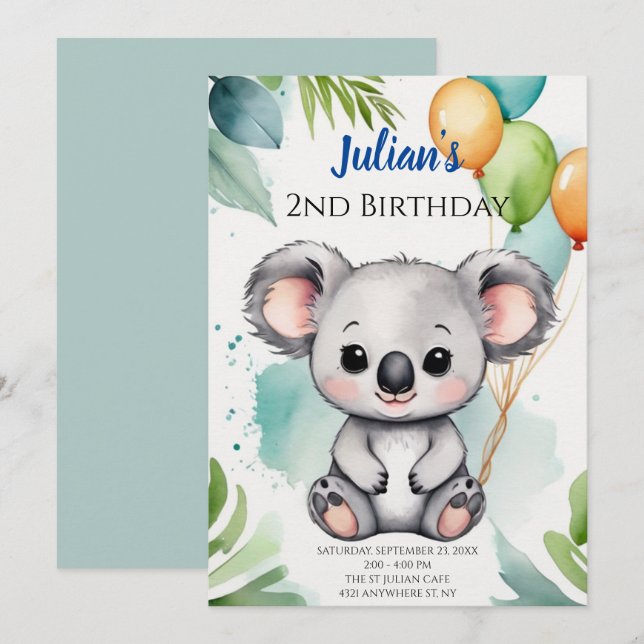 Invitación Celebración del cumpleaños de Cute Koala Wonderlan (Anverso / Reverso)