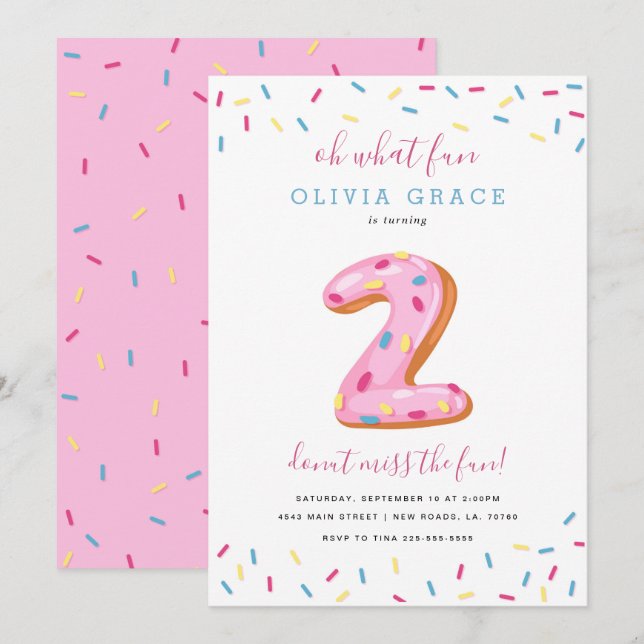 Invitación Celebración del cumpleaños de Donut | Dos (Anverso / Reverso)