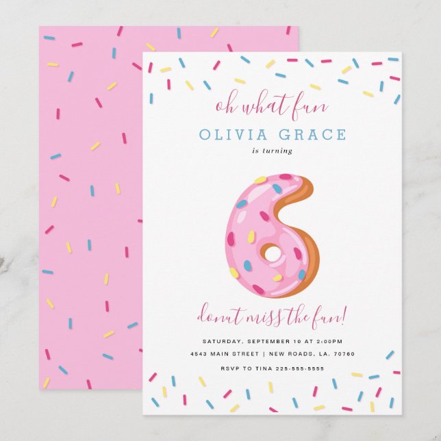 Invitación Celebración del cumpleaños de Donut | Seis (Anverso / Reverso)