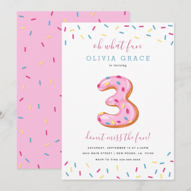 Invitación Celebración del cumpleaños de Donut| Tres (Anverso / Reverso)