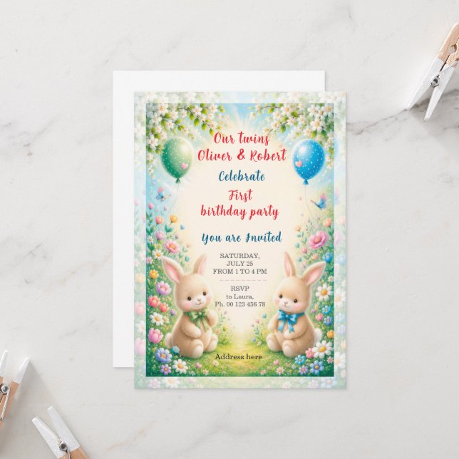 Invitación celebración del cumpleaños de niños gemelos (Anverso/Reverso In Situ)
