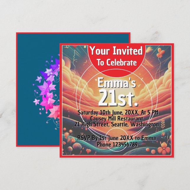 Invitación Celebración del cumpleaños de Sunrise Burst 21 (Anverso / Reverso)