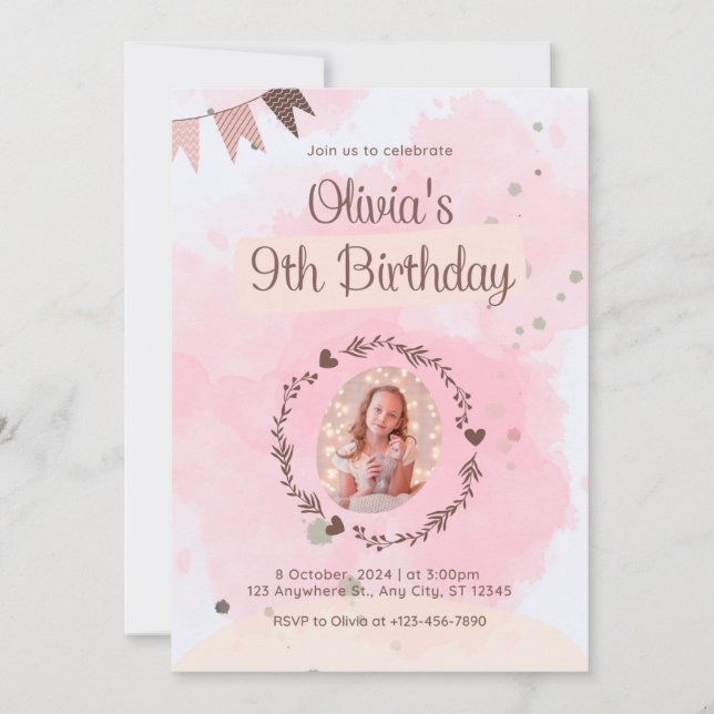 Invitación Celebración del cumpleaños de un chica de nueve añ (Anverso)