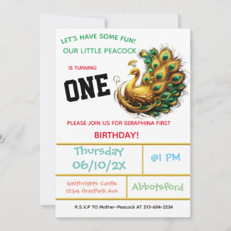 Invitación Celebración del cumpleaños del pavo real - ¡1 año!