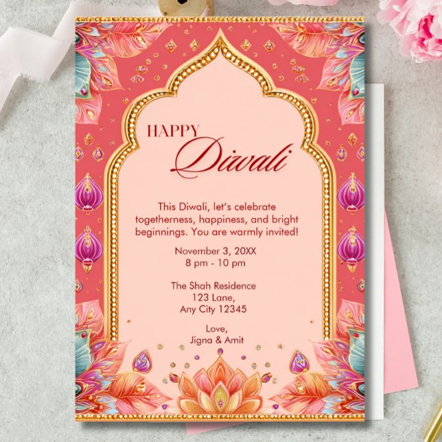 Invitación Celebración del Diwali de Arte Tradicional Rosado (Subido por el creador)