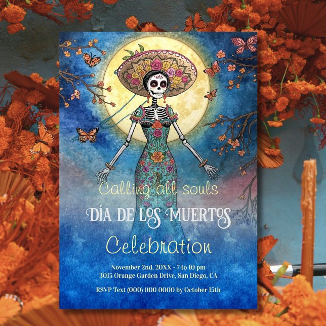 Invitación Celebración del elegante Día de Muertos Catrina il (Moonlit teal Catrina invitation with folk floral details and glowing Día de Muertos hues.)