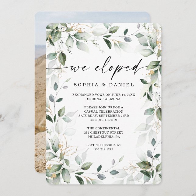 Invitación Celebración del Elopement Gold de Watercolor Green (Anverso / Reverso)