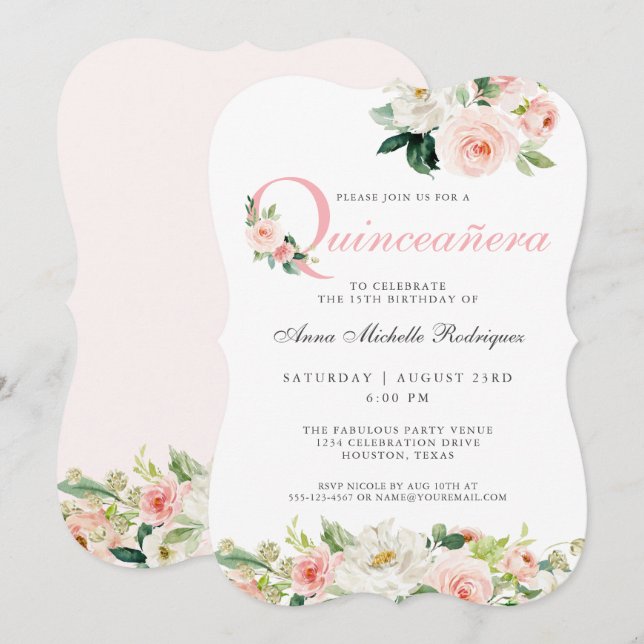 Invitación Celebración del Fiesta Quinceanera con flores rosa (Anverso / Reverso)