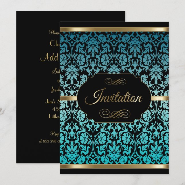 Invitación Celebración del Fiesta Turquoise Damask | DIY Text (Anverso / Reverso)