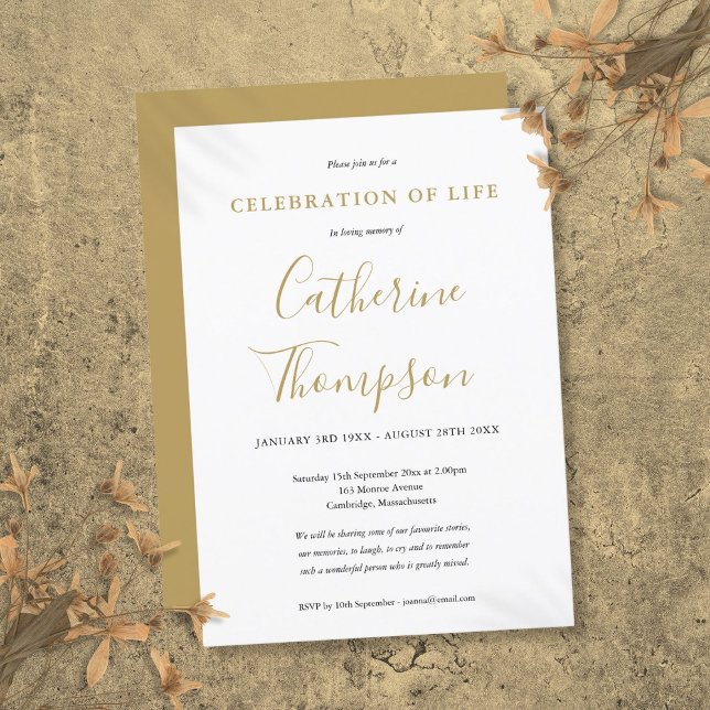 Invitación Celebración Del Funeral De La Vida Con Guión Dorad (Gold Script Celebration Of Life Funeral Invitation)