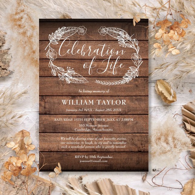 Invitación Celebración del funeral de la vida en fletamento d (Rustic Wood Foliage Celebration of Life Funeral Invitation)