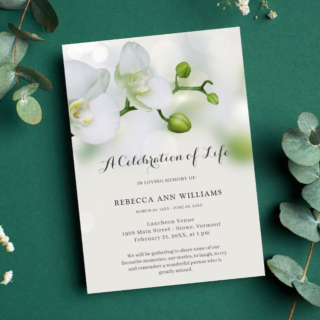 Invitación Celebración del funeral de la vida en orquídeas ve (Orchid Celebration of Life Invitation)