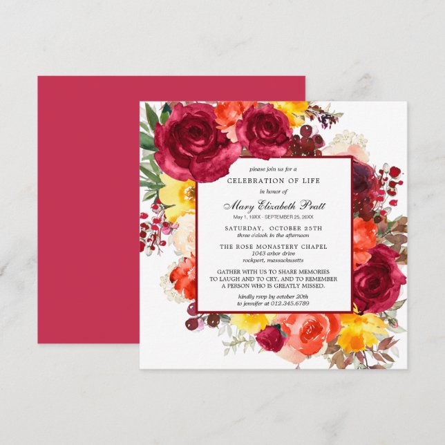 Invitación Celebración del funeral de la vida Floral otoño (Anverso / Reverso)