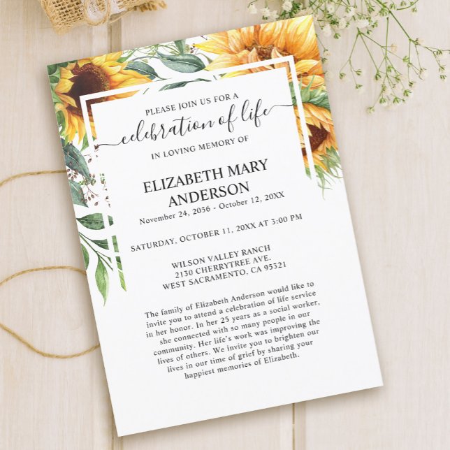 Invitación Celebración del funeral de la vida Girasol (Subido por el creador)