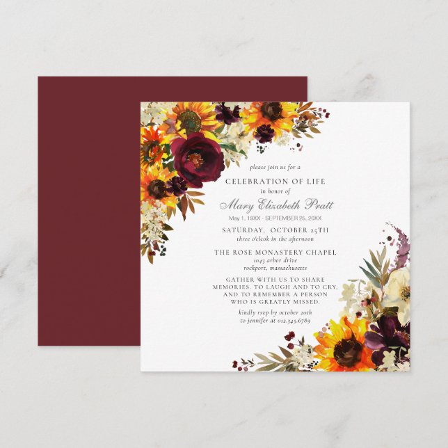 Invitación Celebración del funeral de la vida Girasol (Anverso / Reverso)