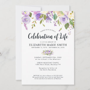 Invitación Celebración del funeral de la vida Morado Floral