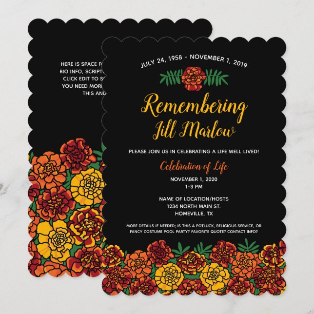 Invitación Celebración del funeral de Marigold Floral Black (Anverso / Reverso)
