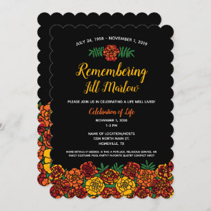 Invitación Celebración del funeral de Marigold Floral Black