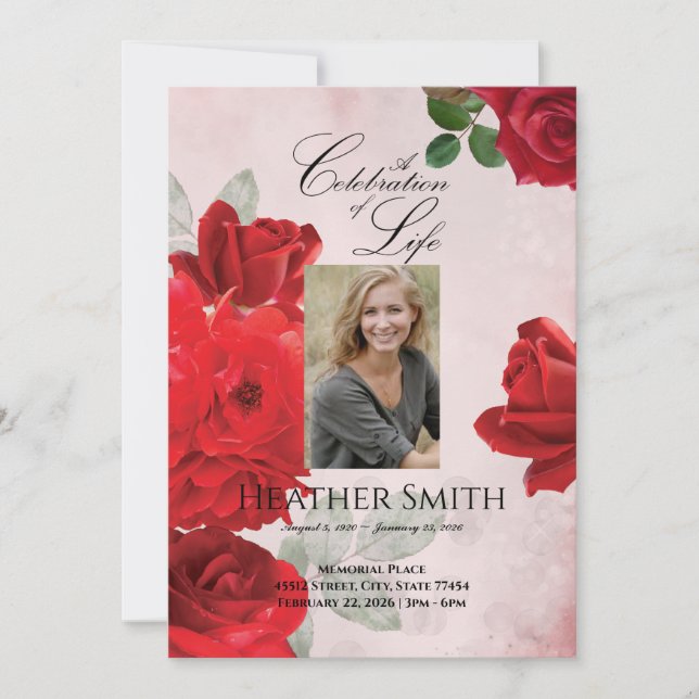 Invitación Celebración del funeral de vida por las rosas roja (Anverso)