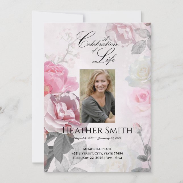 Invitación Celebración del funeral de vida por rosas rosas ro (Anverso)