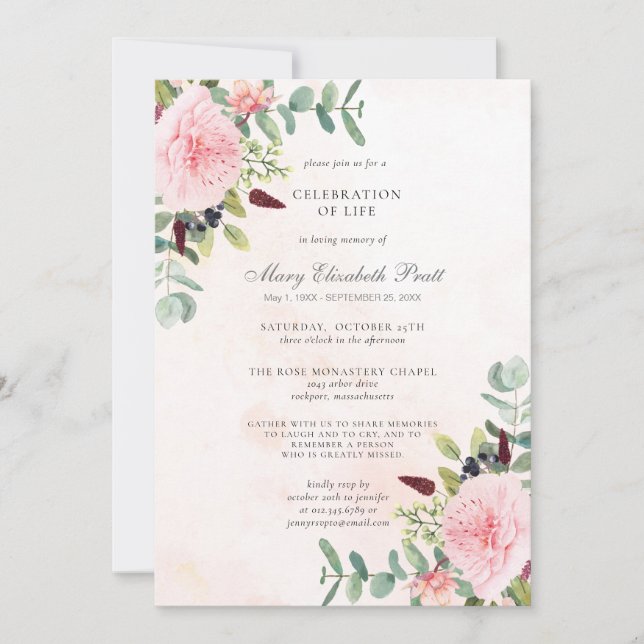 Invitación Celebración del funeral del Peony Eucalyptus (Anverso)