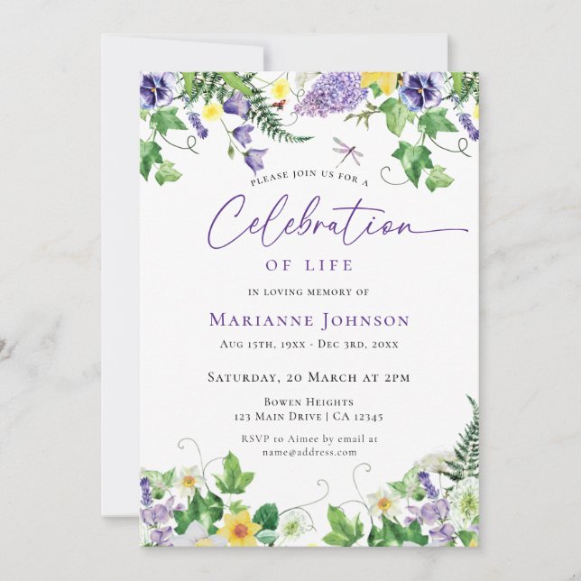 Invitación Celebración del funeral floral acuarela de la vida (Anverso)