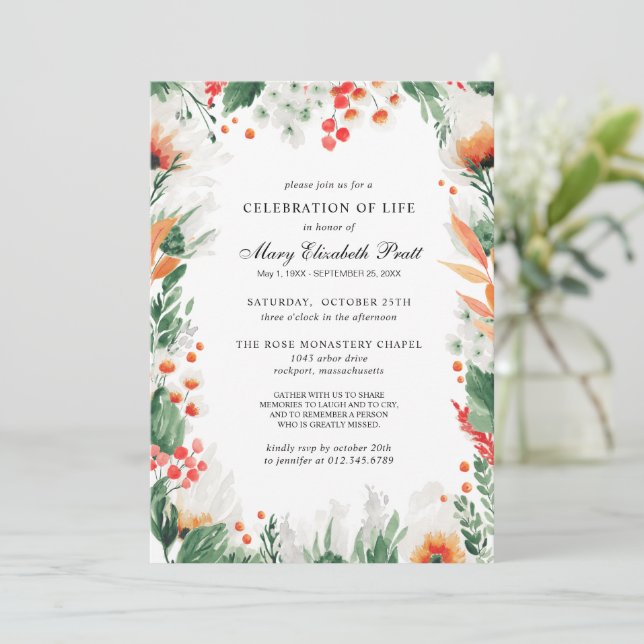 Invitación Celebración del funeral floral blanco Naranja de l (Anverso de pie)