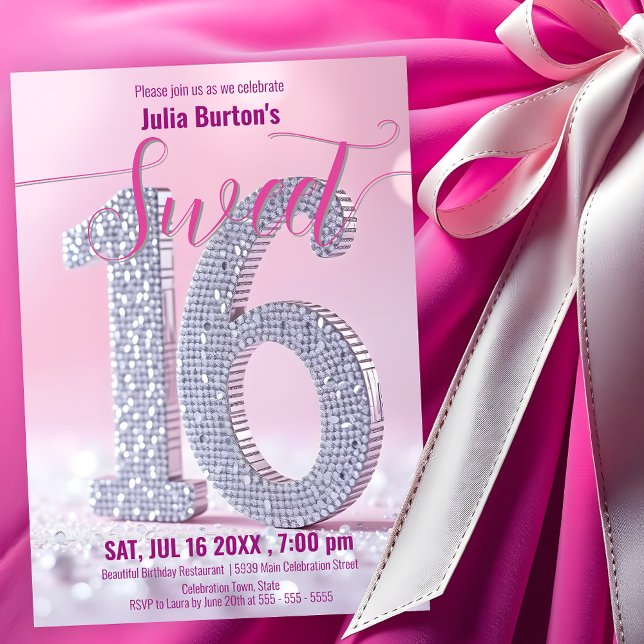 Invitación Celebración del Glamoroso Dulce Rosa y Diamante 16 (Subido por el creador)