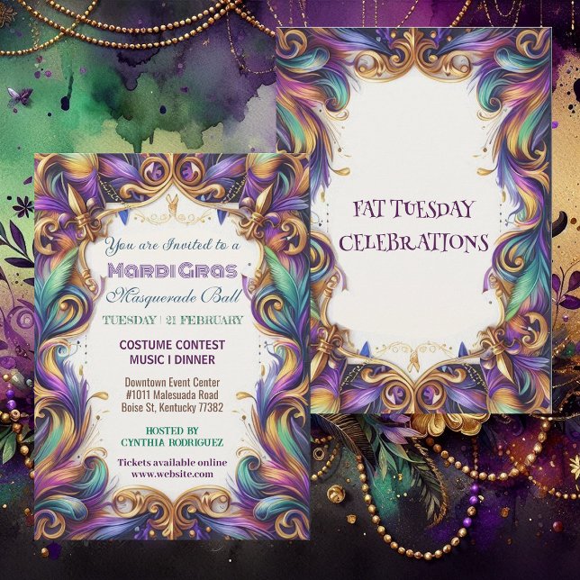 Invitación Celebración del Martes de Martes de la Pelota de M (Mardi Gras Masquerade Ball Fat Tuesday Celebration Invitation)
