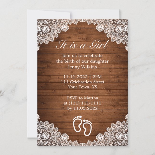 Invitación Celebración del nacimiento de un Chica de madera y (Anverso)