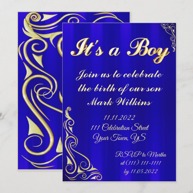 Invitación Celebración del nacimiento del niño dorado y azul (Anverso / Reverso)
