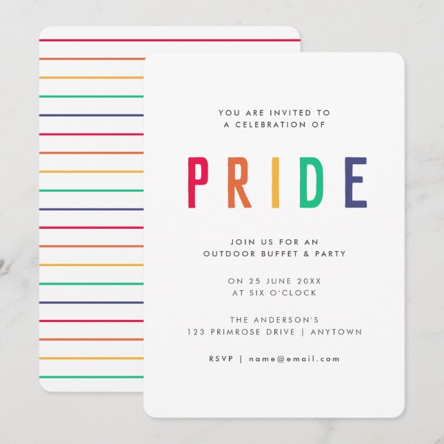Invitación Celebración del Orgullo | FIESTA LGBTQ Gay Moderno (Anverso / Reverso)