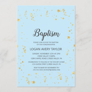 Invitación Celebración del oro sobre el bautismo azul