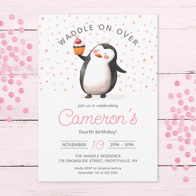 Invitación Celebración del pingüino de pastel rosado, cumplea (Subido por el creador)