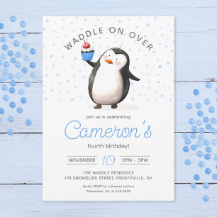 Invitación Celebración del pingüino del pastel azul, cumpleañ
