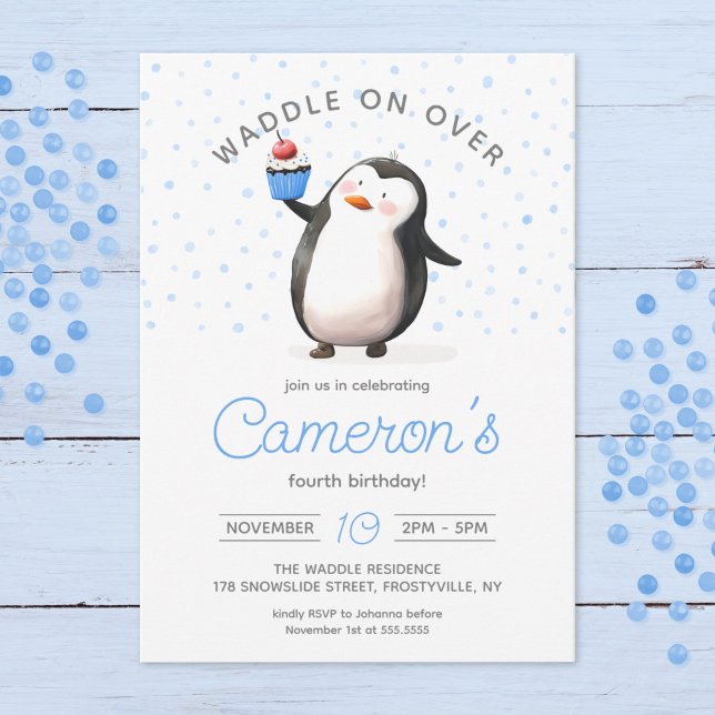 Invitación Celebración del pingüino del pastel azul, cumpleañ (Subido por el creador)