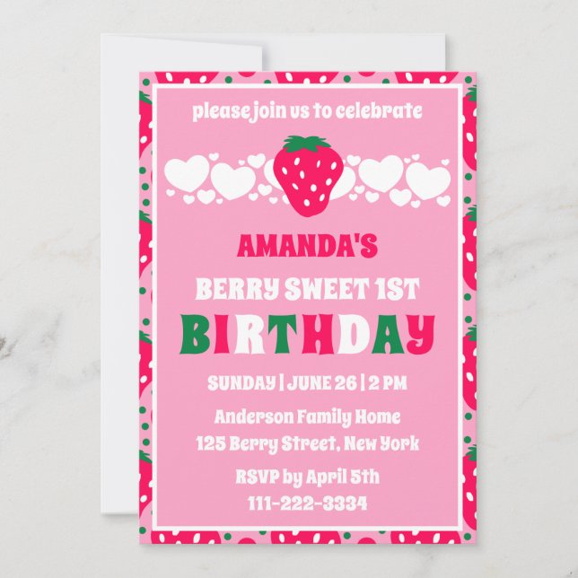 Invitación Celebración del Primer Cumpleaños de Fresa Editabl (Anverso)