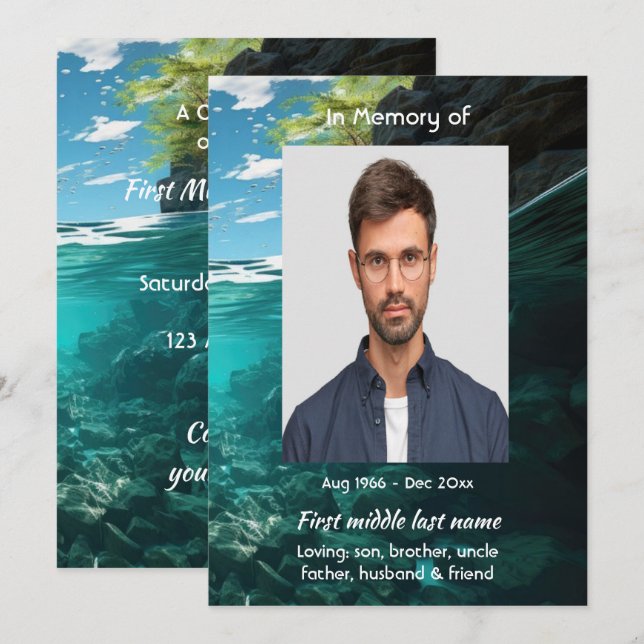 Invitación Celebración del Servicio de la Vida Buzo de Buceo  (Anverso / Reverso)