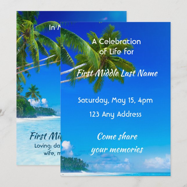 Invitación Celebración del Servicio de Vida en Playa Tropical (Anverso / Reverso)