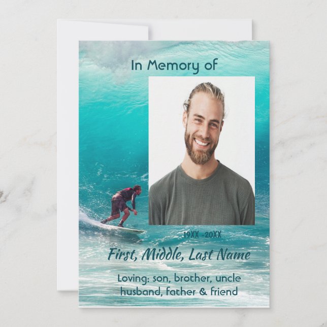 Invitación Celebración del Servicio de Vida  Surfista de Olas (Anverso)