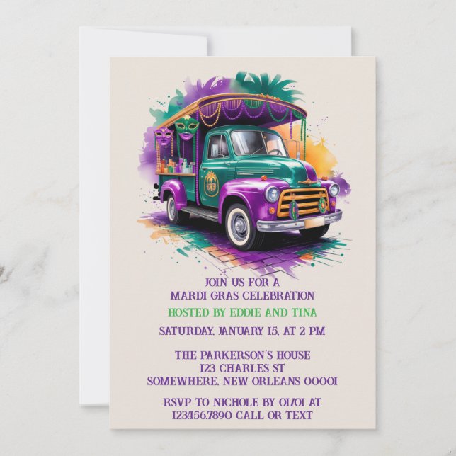 Invitación Celebración del Viejo Camión Mardi Gras (Anverso)
