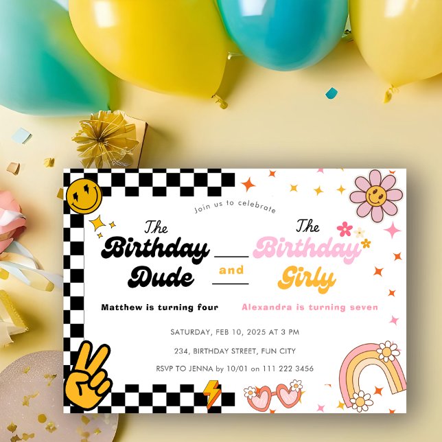 Invitación Celebración doble de cumpleaños de hermanos Groovy (Joint Birthday Sibling Groovy Double Celebration Invitation)