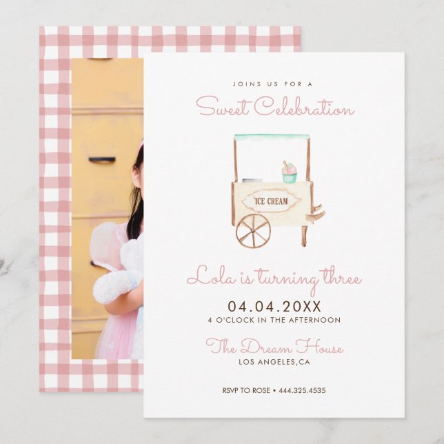 Invitación Celebración dulce Crema de hielo Cumpleaños Rosa (Anverso / Reverso)