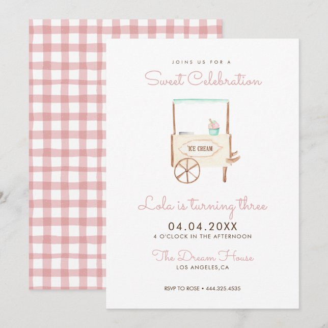 Invitación Celebración dulce Crema de hielo Cumpleaños Rosa (Anverso / Reverso)
