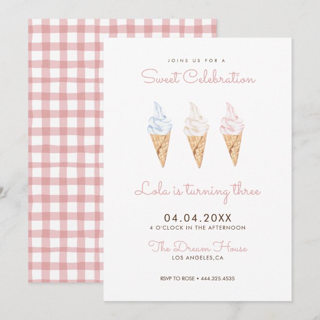 Invitación Celebración dulce Crema de hielo Cumpleaños Rosa (Anverso / Reverso)